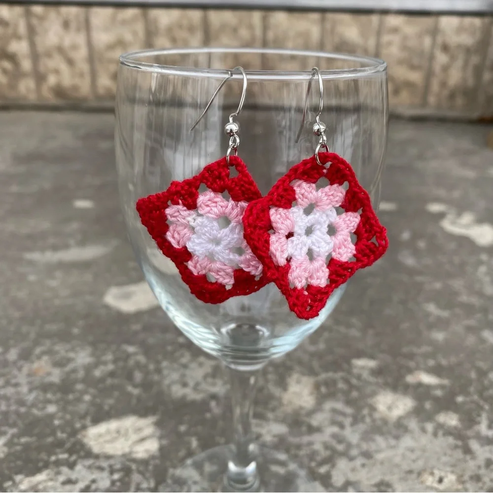 Red & Pink Crochet Granny Square Earrings - Picture 3 of 7
